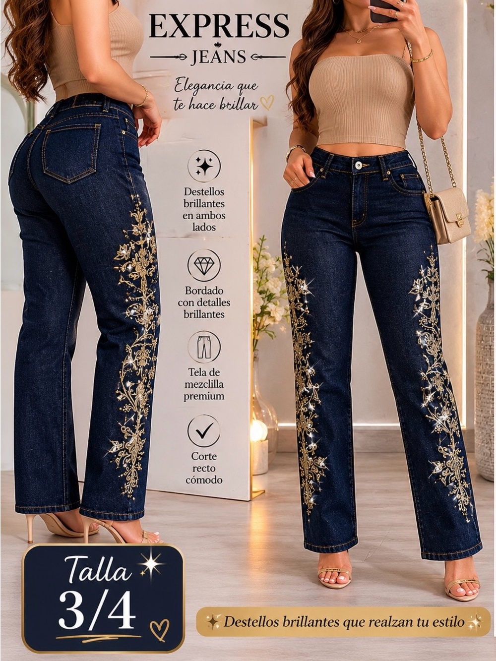 Express Women's Dark Blue Straight-Leg Jeans with Gold Embroidery